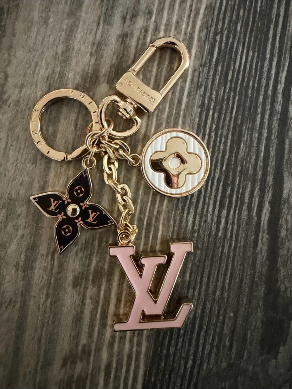 Louis Vuitton Pink Enamel LV Logo and Gold Charm Key Holder